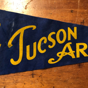 1930s Tucson Arizona Pennant with Desert Graphic - Blue and Yellow Vintage Flag - Sombrero and Cactus