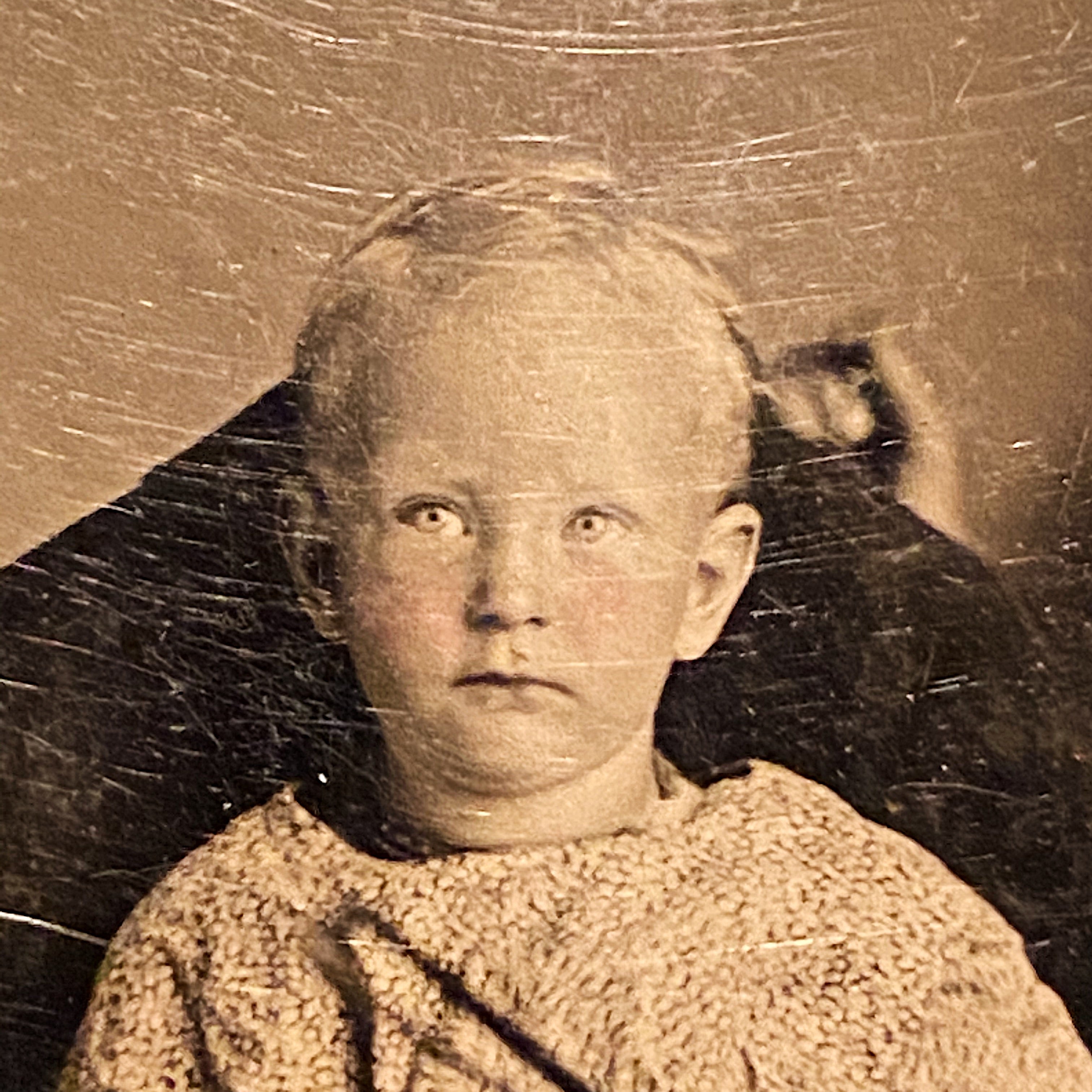 Face of child Antique Tintype of Child Holding a Violin - Early 1900s - Whimsical Scene - Unusual Photography - Rare Musical Photo