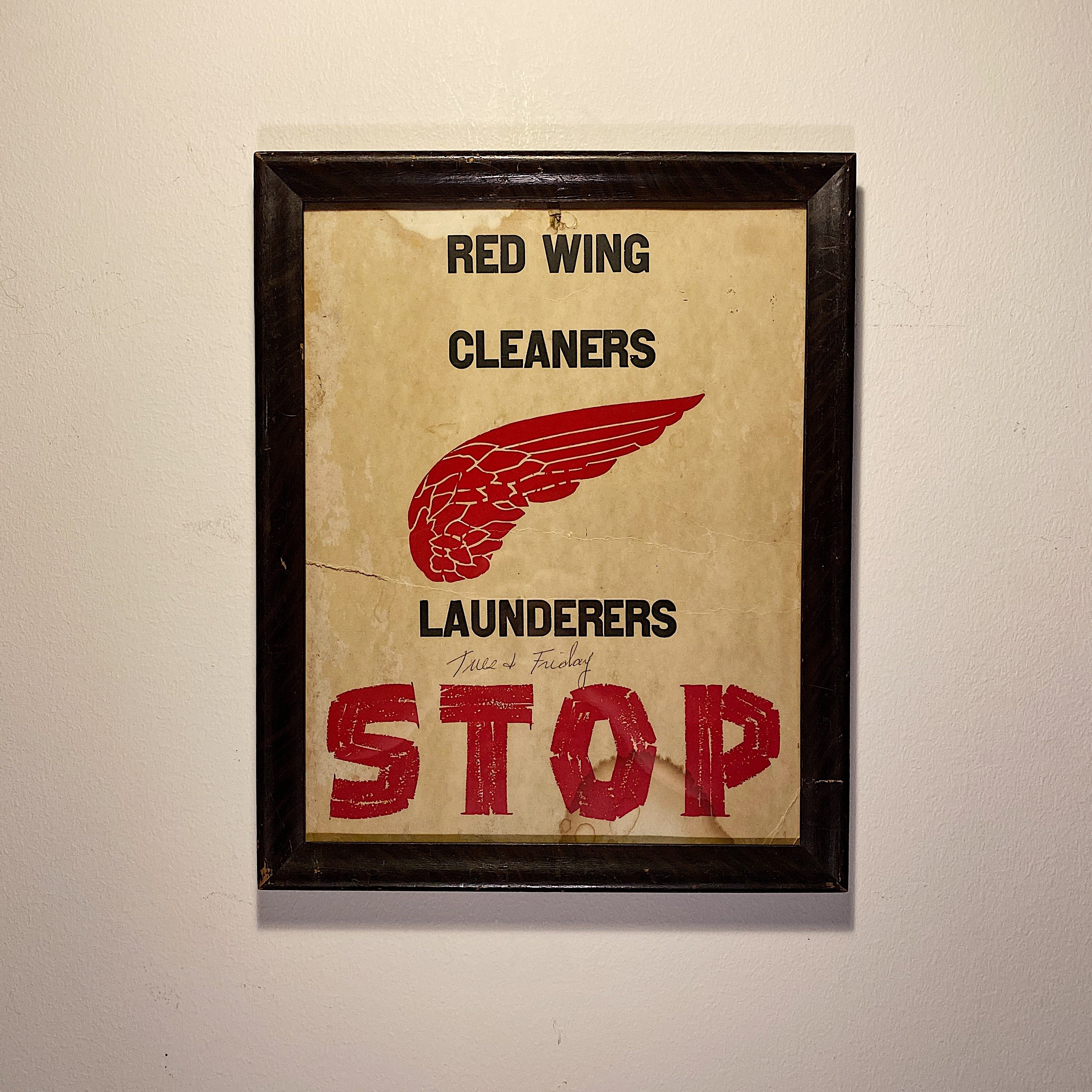Vintage Red Wing Store Sign - 1950s Cleaning Launder - Leather Work Boots -  Red Broadside Block Print - Rare Minnesota History - Cool Decor