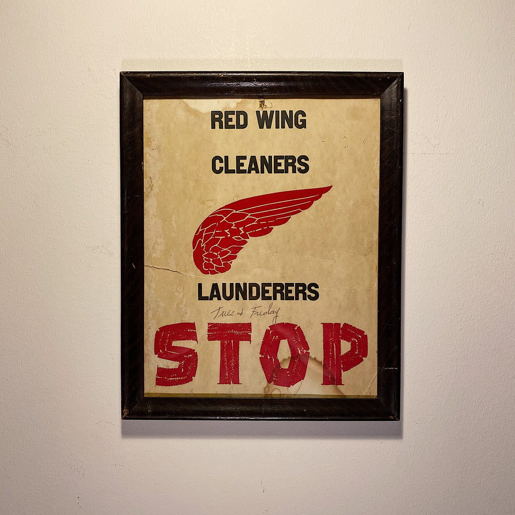 Vintage Red Wing Store Sign - 1950s Cleaning Launder - Leather Work Boots -  Red Broadside Block Print - Rare Minnesota History - Cool Decor