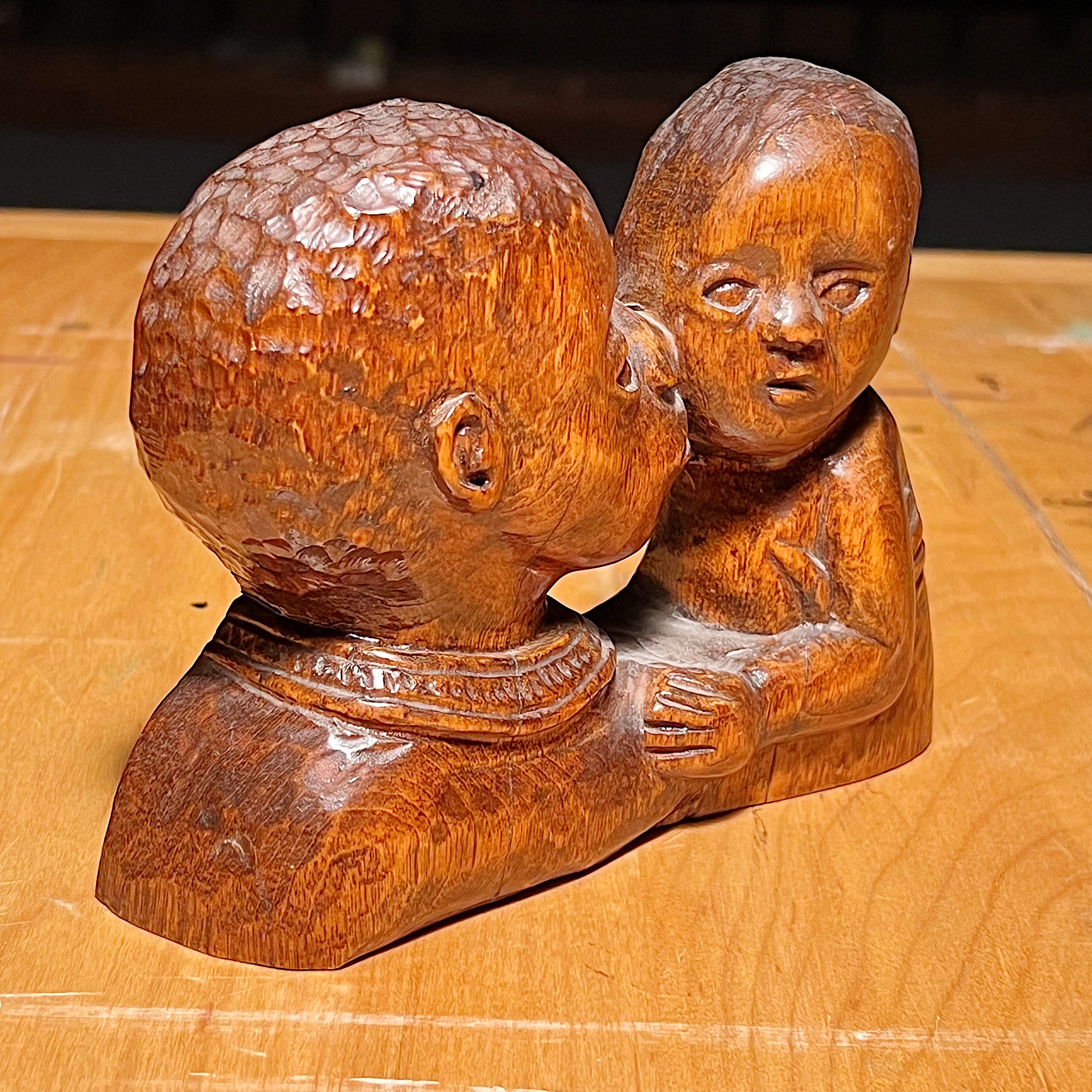 Vintage Folk Art Sculpture of Woman Kissing Baby | Tony Wons