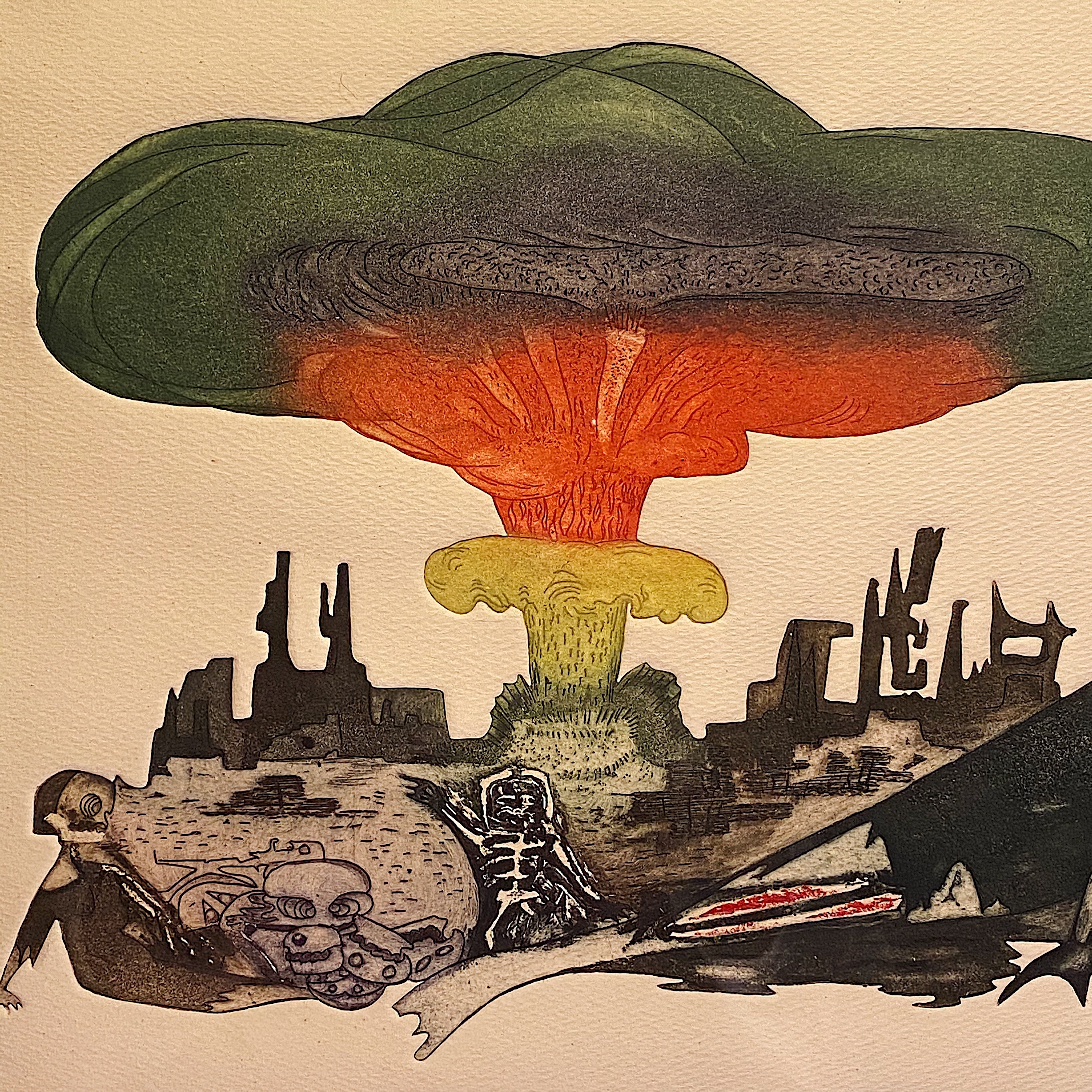 Nuclear Guillermo Silva Santamaria Engraving in Color from 1960 -  Ahora Hay Para Todos - Surreal Scene - Apocalyptic Vision - Rare Surrealist Art