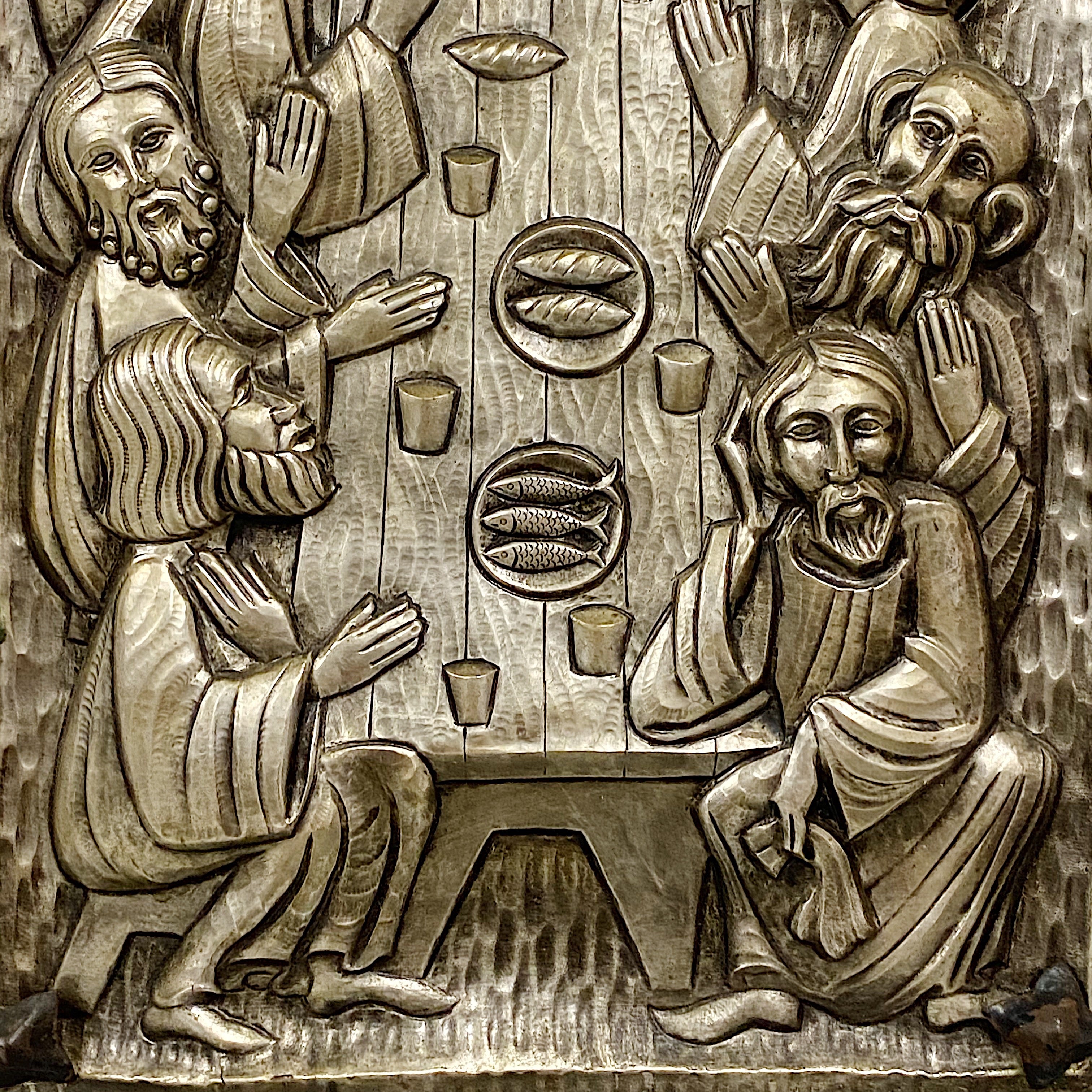 Vintage Mid Century Last Supper Metal Relief on Wood | 1960s