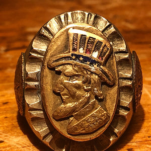 1940s Mexican Biker Ring of Uncle Sam - Rare WW2 Era Motorcycle Gang - Mixed Metals - Size 9 1/4 - Aztec Calendar 