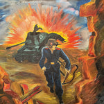 WW2 Painting of Battle Scene and Explosions - Signed by Veteran Artist - 1940s  Regionalist Oil on Canvas - 22 x 18 - Wisconsin Artist