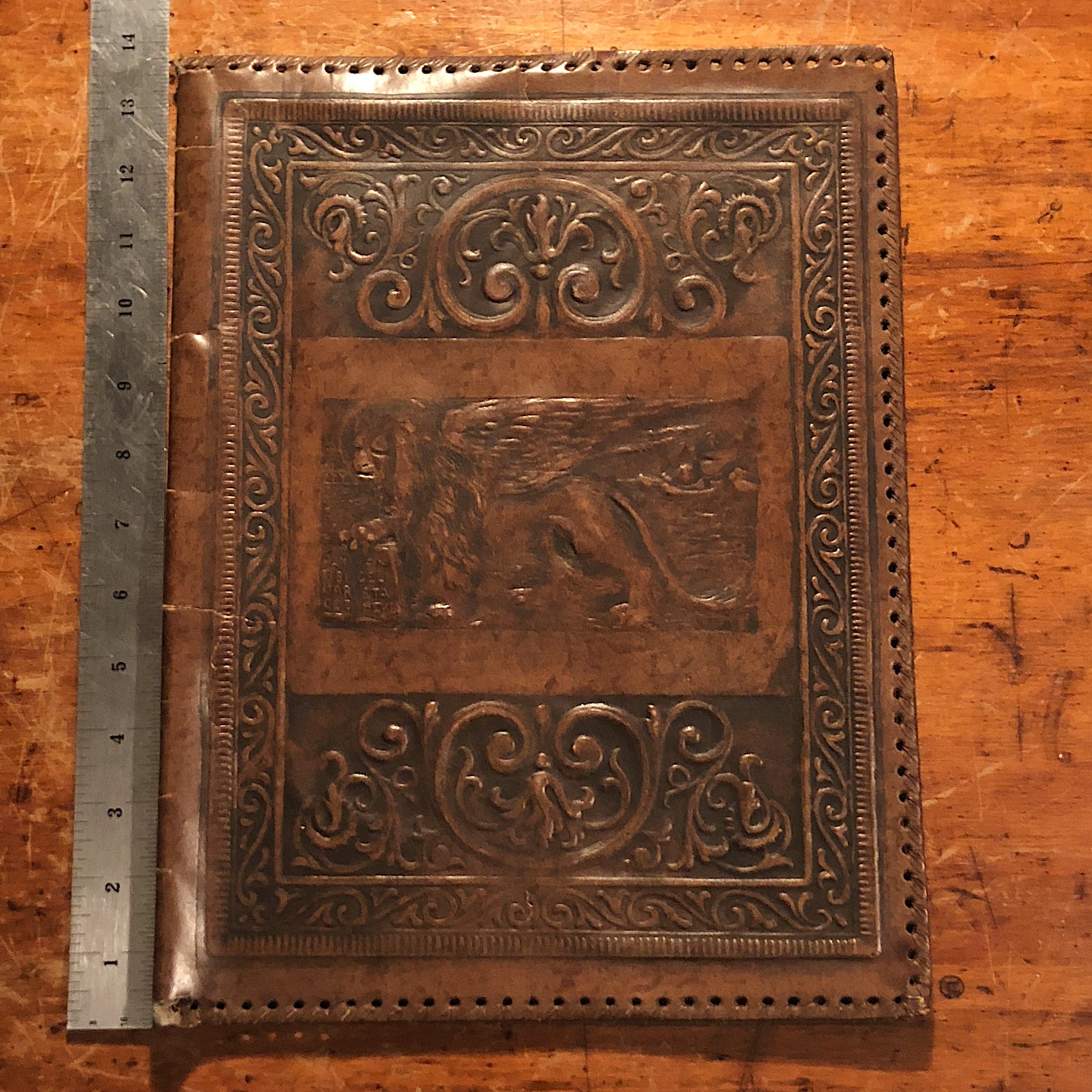 Antique Leather Portfolio with Lion of St. Mark - Ornate Tooled Folk Art - C