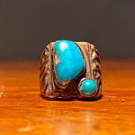Front view of Vintage Dead Pawn Turquoise Biker Ring - Navajo Men's Size 9 - Unmarked Early Example - Rare Unusual Southwestern Design