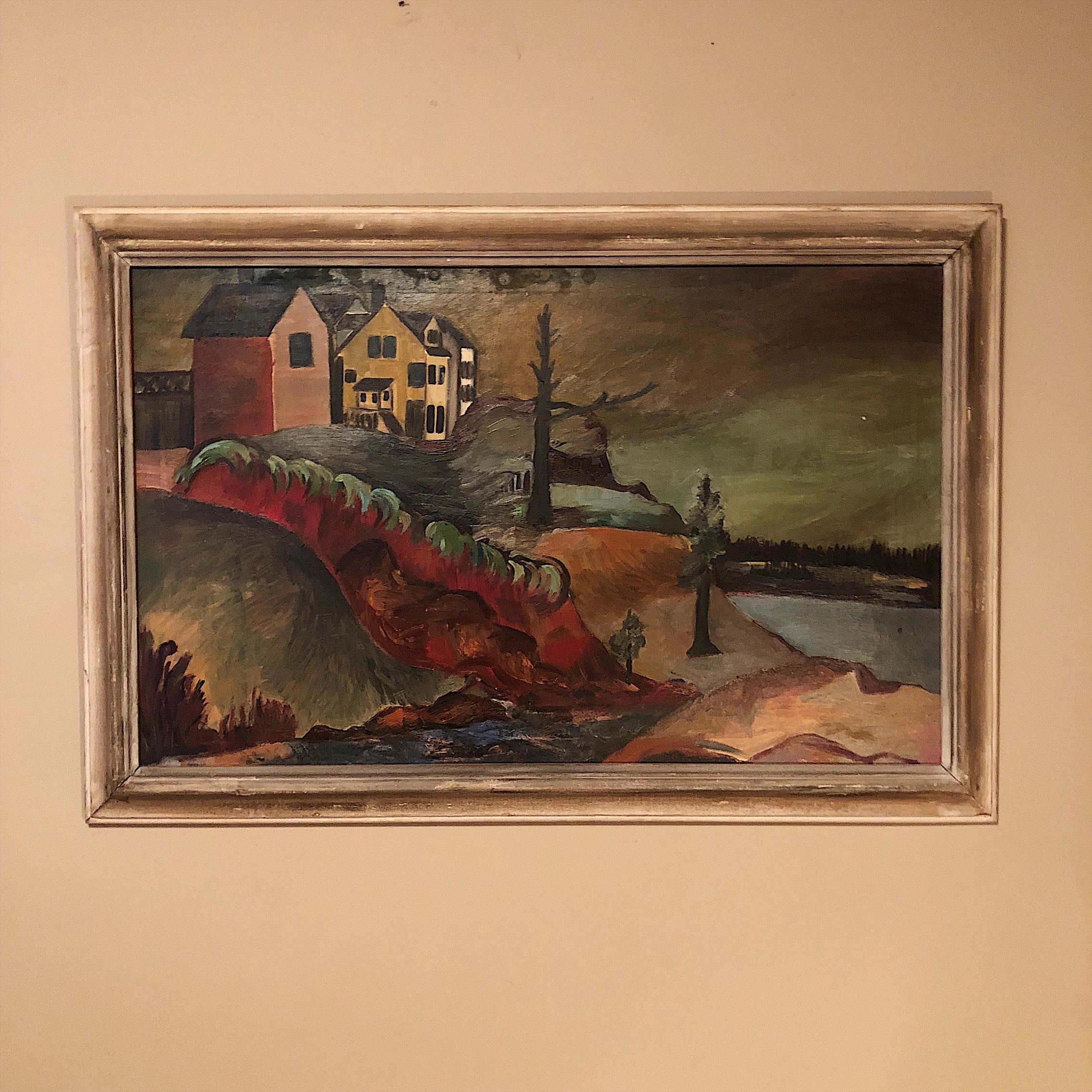 WPA Era Painting of Waterfront Landscape - New Deal - Large Oil on Canvas - Mystery Artist - Depression Era - 43 x 29