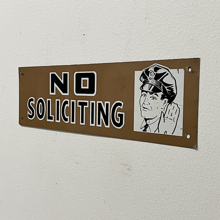 1950s No Soliciting Sign with Police Officer Graphic - Rare Vintage Signs - Cool Wall Decor - Metal - Bohemian Funky Decor vintage
