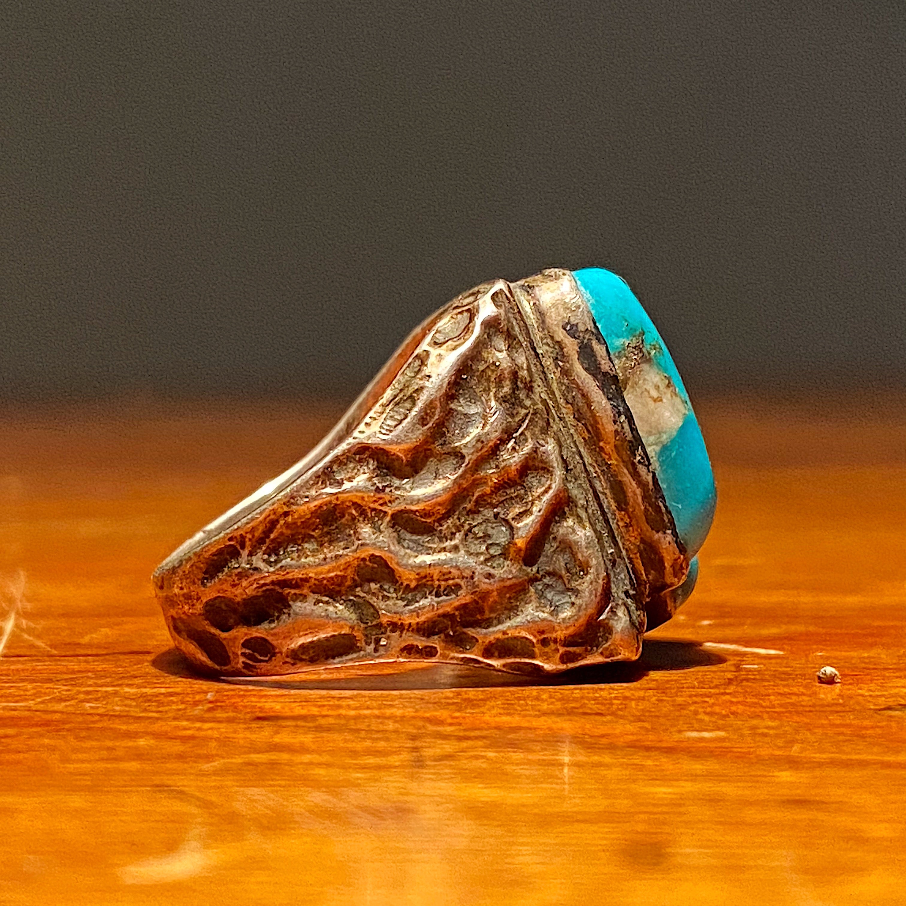 Side of Vintage Dead Pawn Turquoise Biker Ring - Navajo Men's Size 9 - Unmarked Early Example - Rare Unusual Southwestern Design