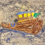 Wilbur T. Bruce Painting on Cardboard - African American Outsider Art - Nautical Ship Art - 1974 - 28" x 22" - Rare Vintage Brute Artwork - Ship in Storm