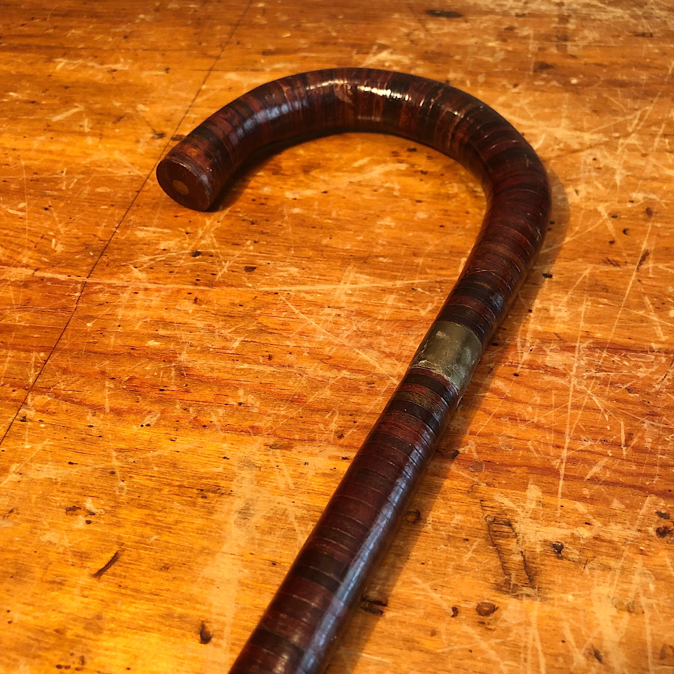 Victorian Stacked Leather Walking Cane with Iron Rod - Antique Self Defense Hook - Vintage Hand Crafted  - Early 1900s - Brass