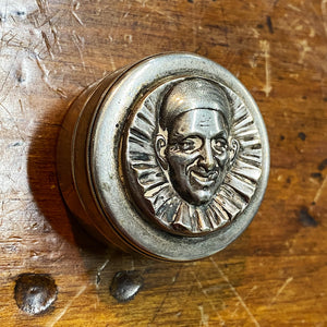 Side view of Antique Pill Box with Creepy Embossed Face - 1920s - Rare Silver Snuff Opium Case - Unmarked - Unusual Underground - Vintage Silver Powder