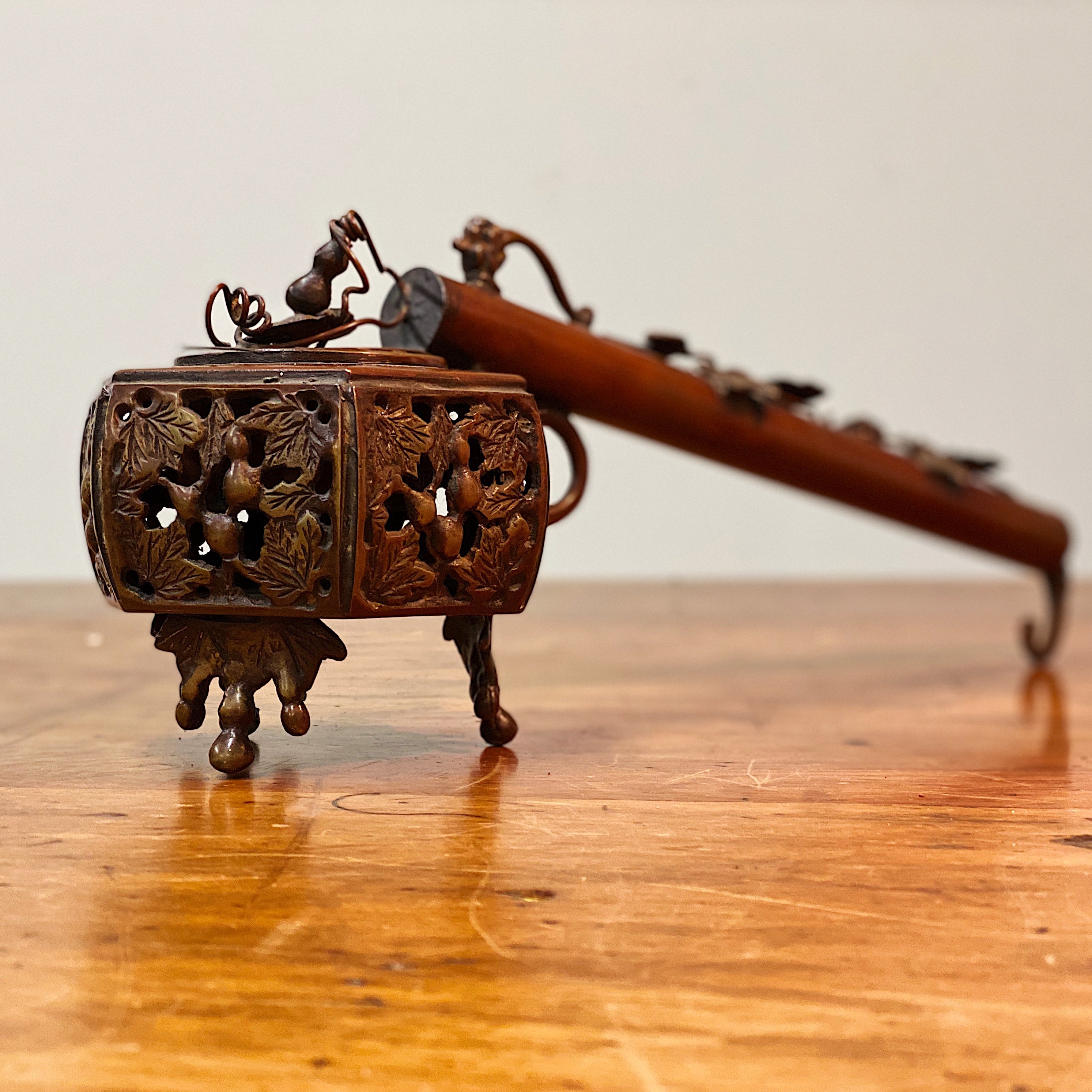19th Century Yatate Inkwell and Pen Holder - Bronze Japanese Antiques - Rare Writing Collectible - Asian Decor - Opium Pipe Attribution Opium Pipe