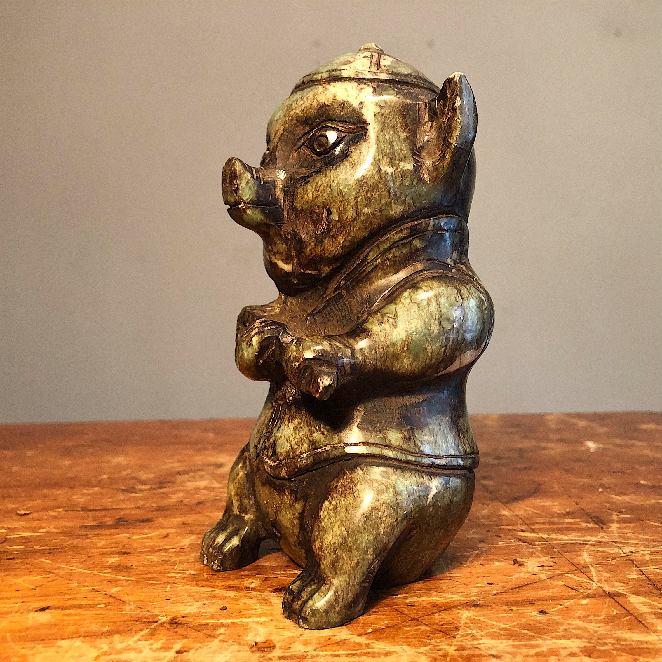 Chinese Jade Sculpture of Pig Figure - Unusual Asian Artwork - Signed on Reverse - Mystery Artist - 6" Tall - Collector's Estate - Rare