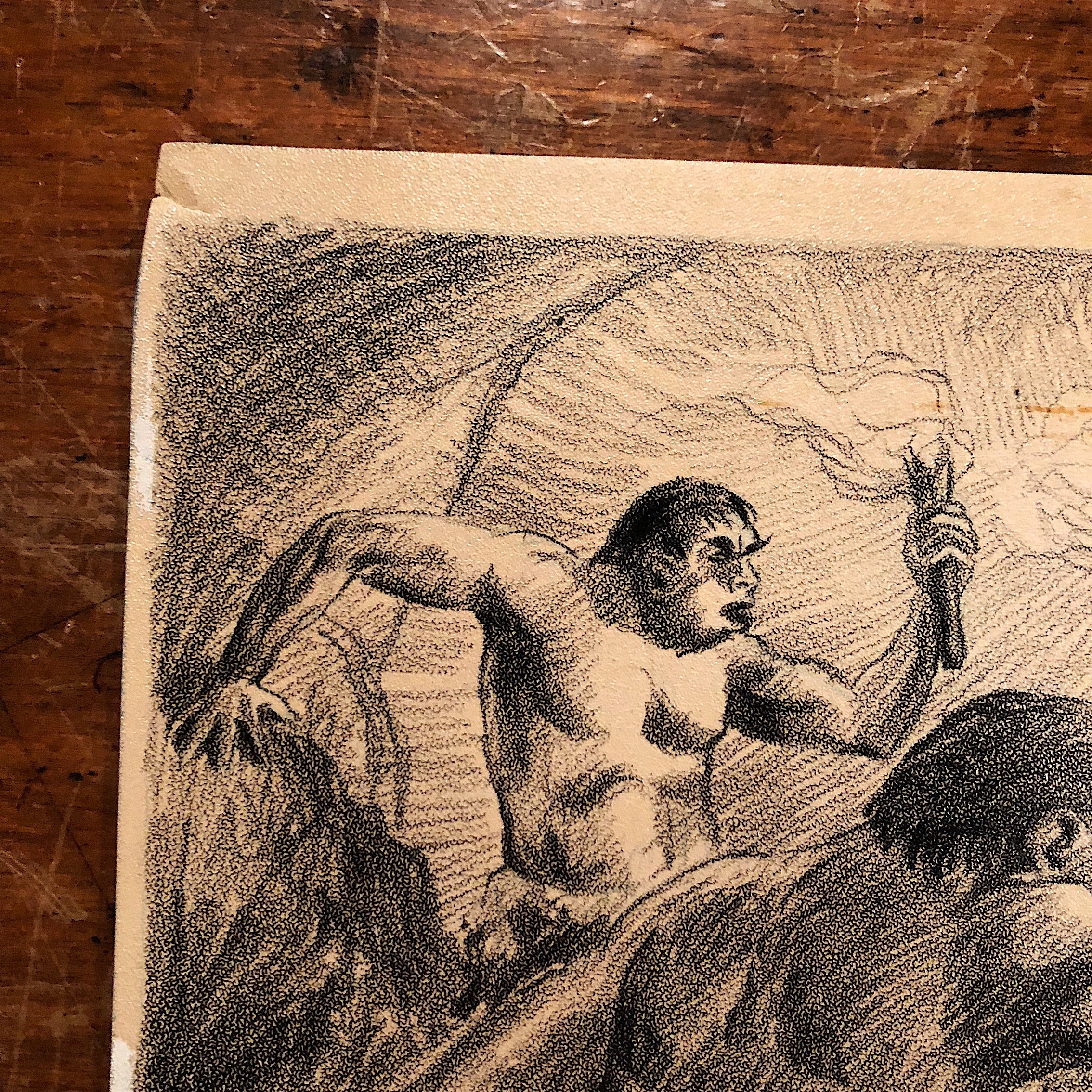 Vintage Illustration Art of Killer Bear and Cavemen from 1950s