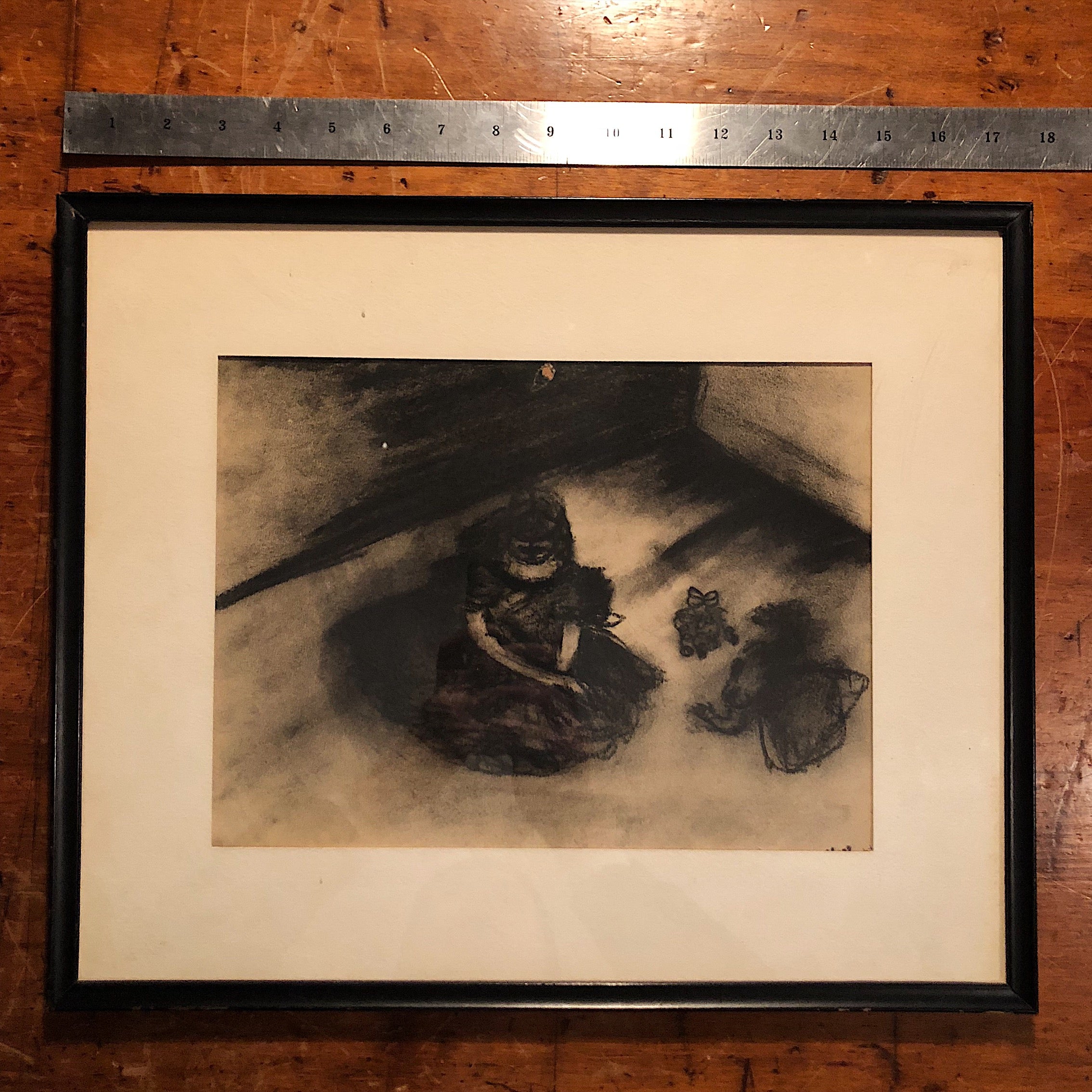 Vintage Charcoal Drawing of Girl with a Headless Doll - 1957 - Catholic School Art