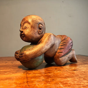 Antique Opium Pillow of Baby with Ball - Chinese Wood Carving - Opium Den Relic - Old Estate Find - Rare Karako Art - Early 20th Century