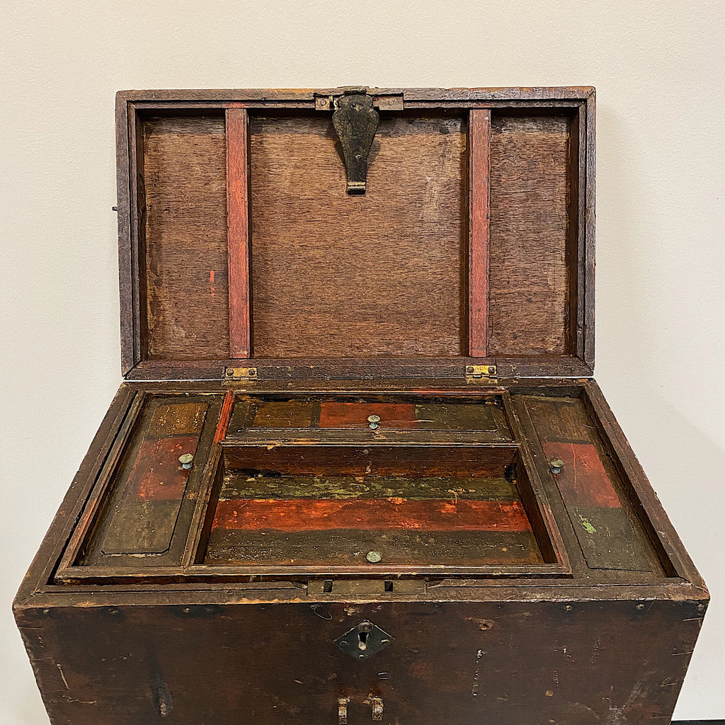 Antique Artist Box with Compartments - 1930s - Primitive Wood Art Case - Side Handles Rivets - 20" x 12" x 12" - Rare Dovetail Design Asian?