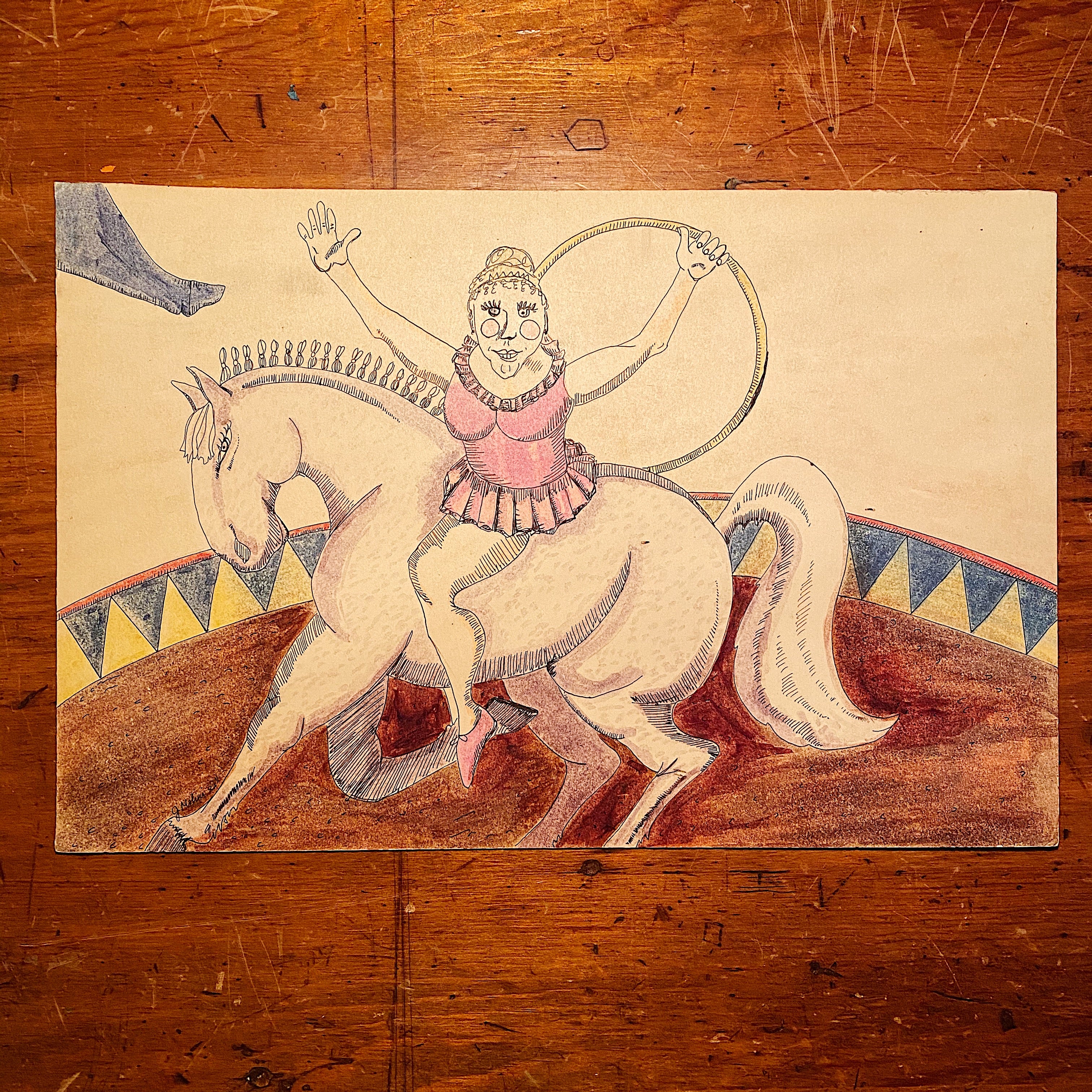 Outsider Art  of Circus Act from 1980s - Signed J. Mohni - Creepy Ink Watercolor on Board - Weird Fringe Artwork - Folk Art
