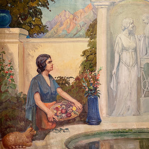 Woman and Cat in James Edwin McBurney WPA Mural Painting of Allegorical Scene | 1930s California artist