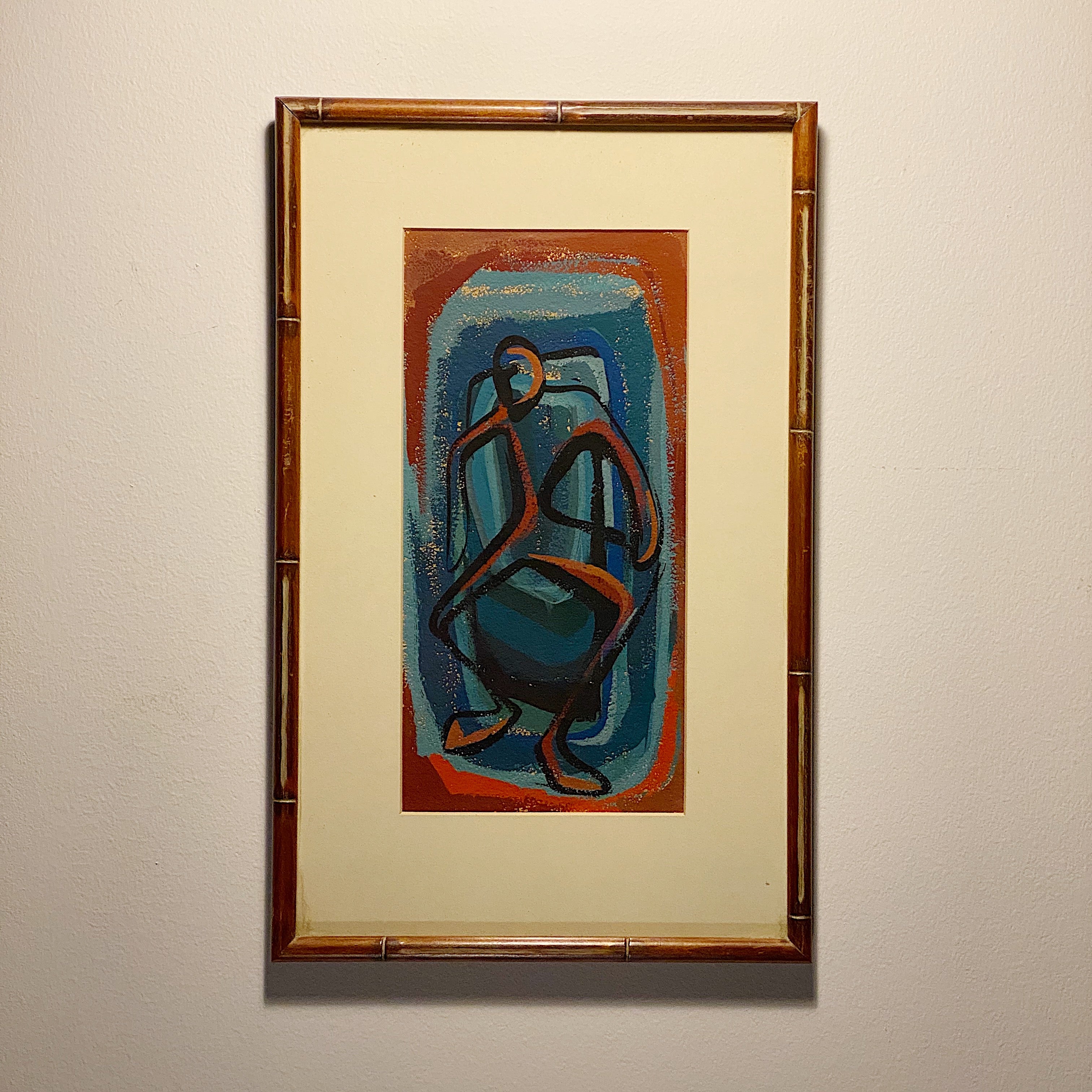 1950s Mod Painting of Abstract Figure - Surreal Artwork - Rare Modernist Paintings on Paper - Mystery Artist - Bamboo Frame - Wisconsin