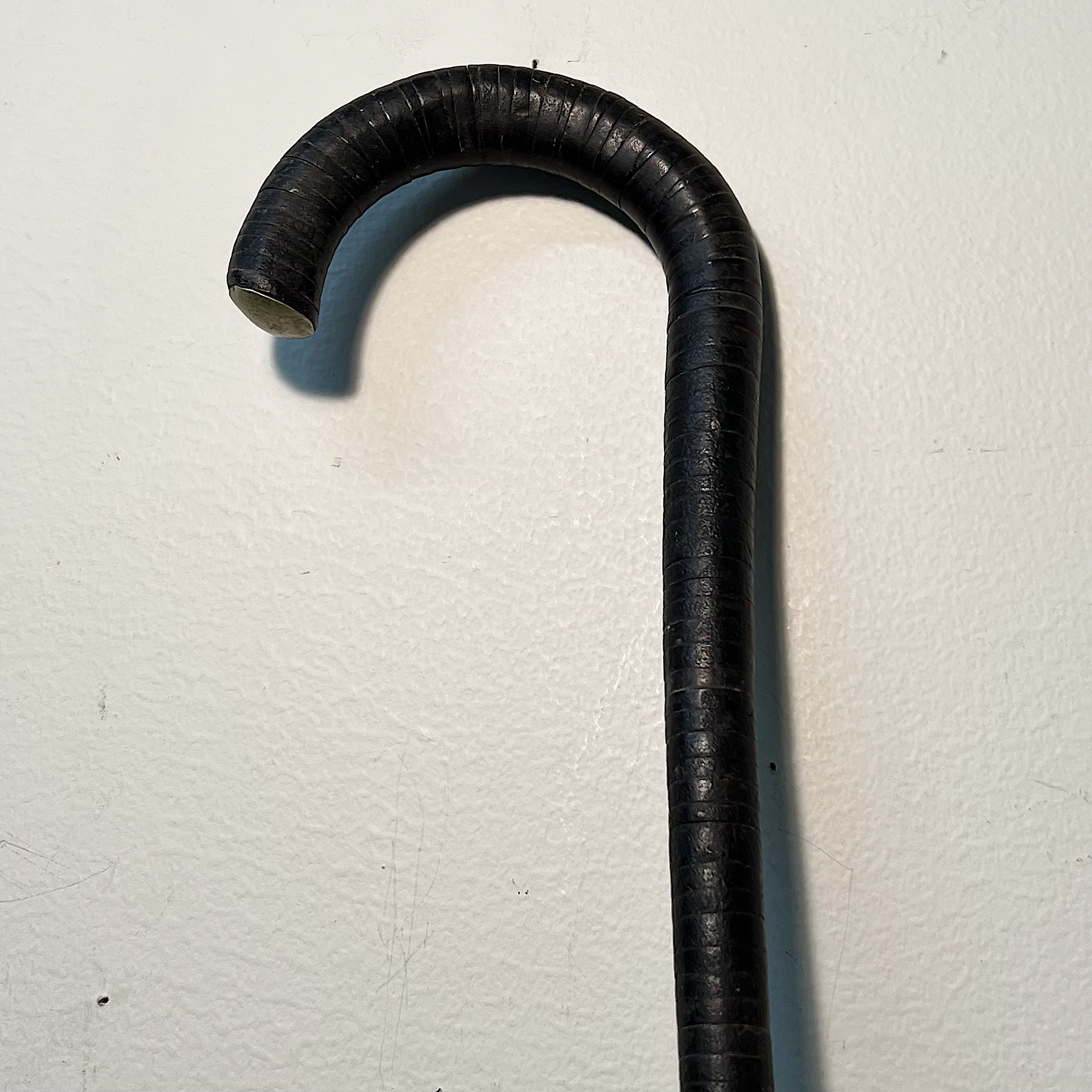 Rare Antique Stacked Black Leather Cane with Rare Silver Thumb Cap - Vintage Folk Art Walking Stick - Rare Unusual 19th Century Accessory