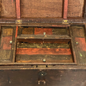 Painted Compartments Antique Artist Box with Compartments - 1930s - Primitive Wood Art Case - Side Handles Rivets - 20" x 12" x 12" - Rare Dovetail Design Asian?