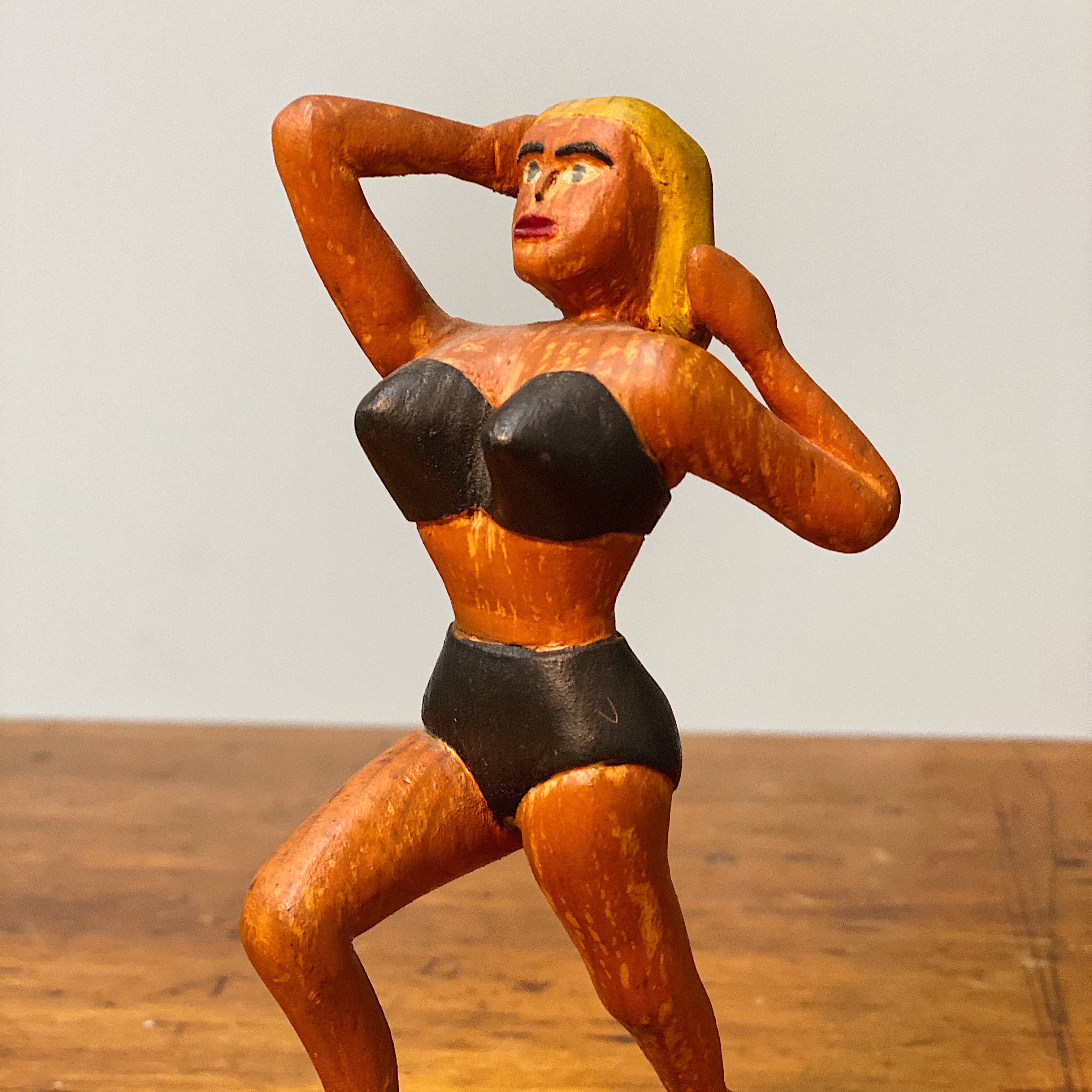 1950s Folk Art Wood Carving of Blonde Bombshell in Bikini - Vintage Underground Art - 7" Tall - Mystery Artist - Rare Sculpture Woman - Sexy