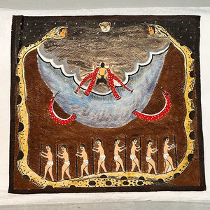 Rare Vintage Amazonian Folk Art Painting of Surreal Snake Scene - Rare 1970s Indigenous Artwork - Serpent Textile Paintings - Hallucinogenic Art