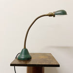 Rare Antique Hubbell Gooseneck Lamp with Rare Metal Base - 1920s Industrial Brass Task Light - Green Machinist Lamps - Large Unusual Table Lights