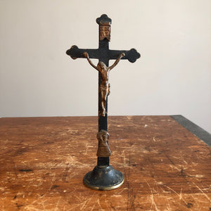 Antique Brass Standing Crucifix from early 1900s. - Turn of the Century Cross - Gothic Decor - Religious Collectibles - INRI - Rare Icon