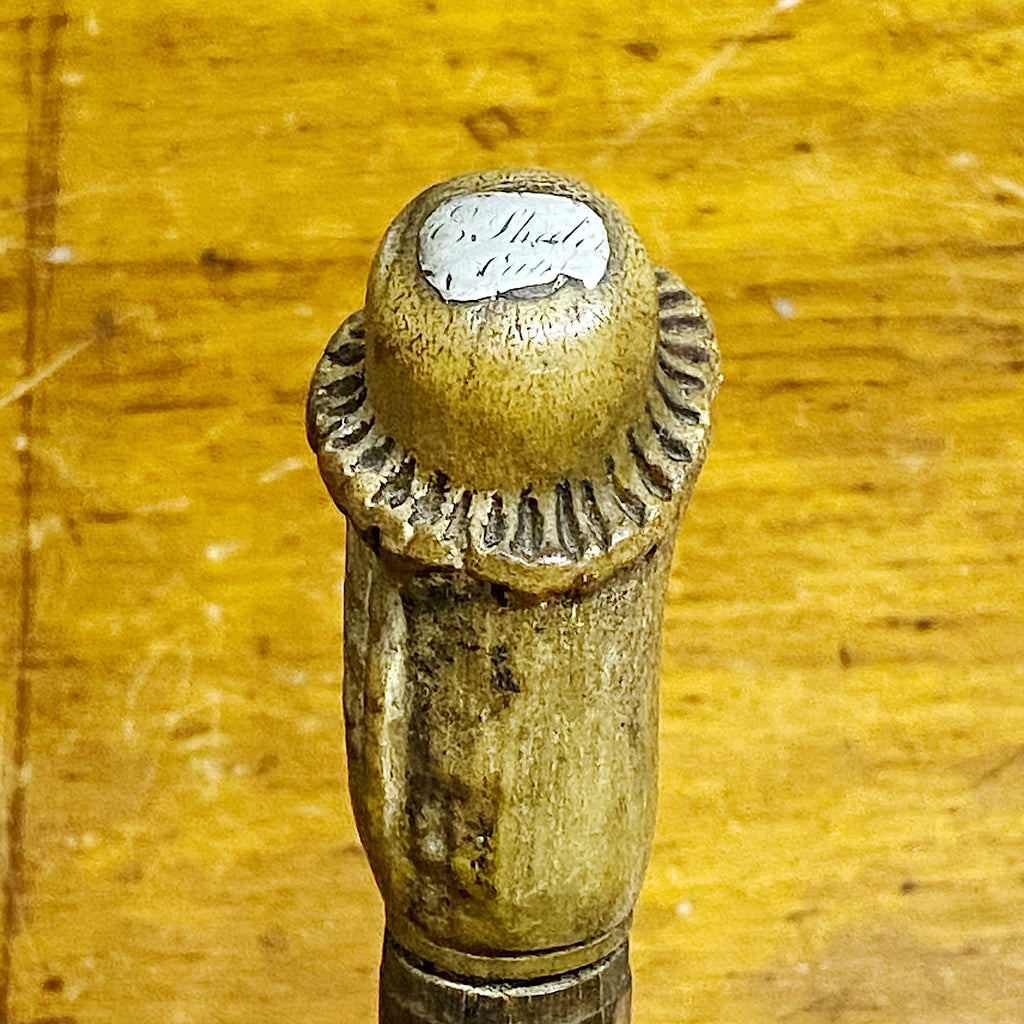 1700s Walking Cane with Stag Horn and Silver Plate - Early 18th Century English Stick - Rare Antler Canes - Silver Tag with Illegible Name