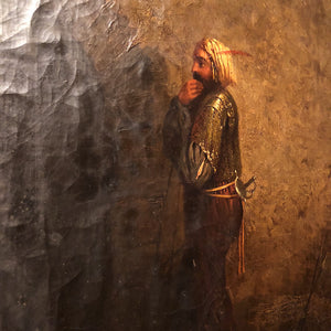 Antique Oil Painting of Arabian Warrior Peering into the Darkness - Mystery Artist - Orientalist Artwork 