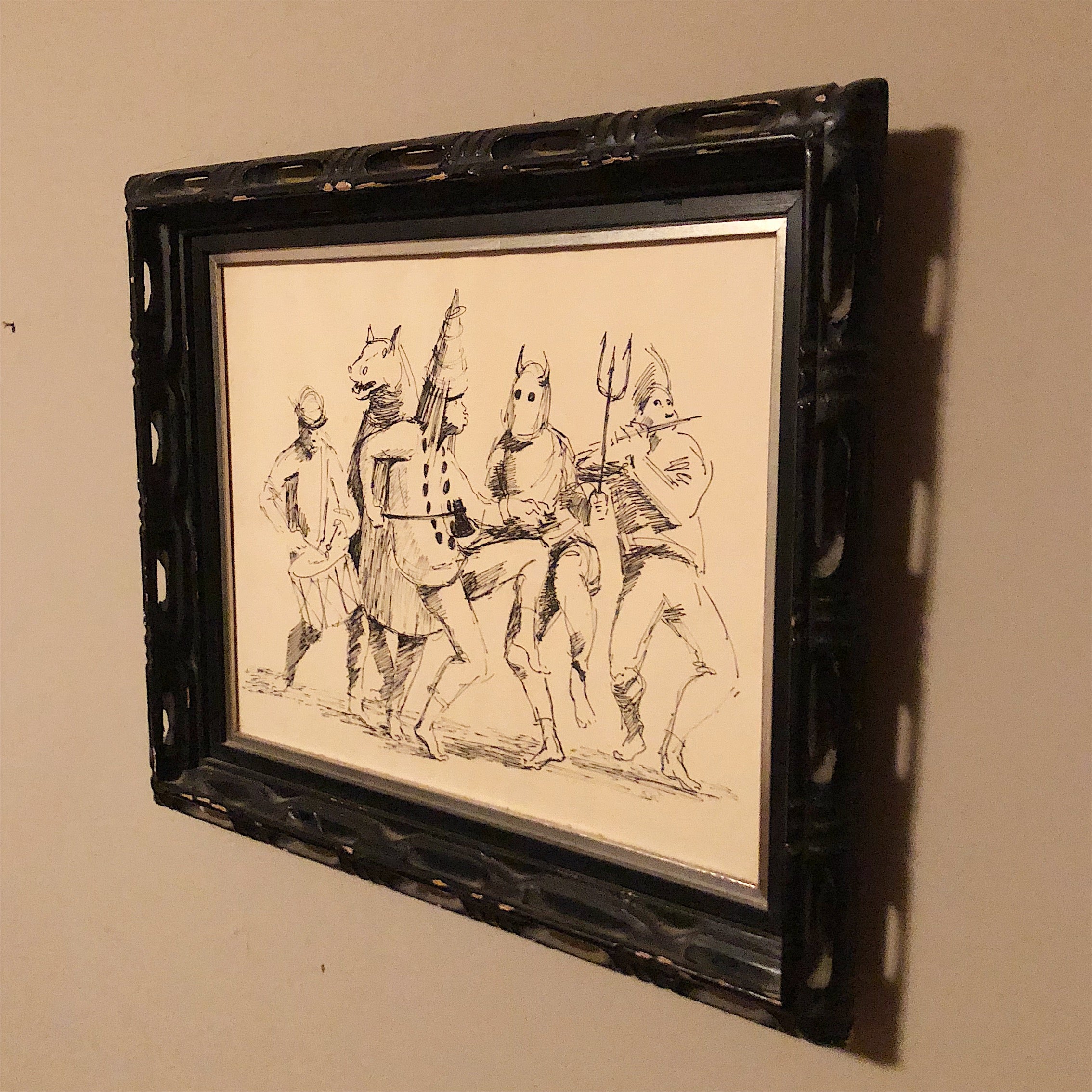 Barrington Watson Ink Drawing of John Canoe Dancers with Ebony Carved Frame