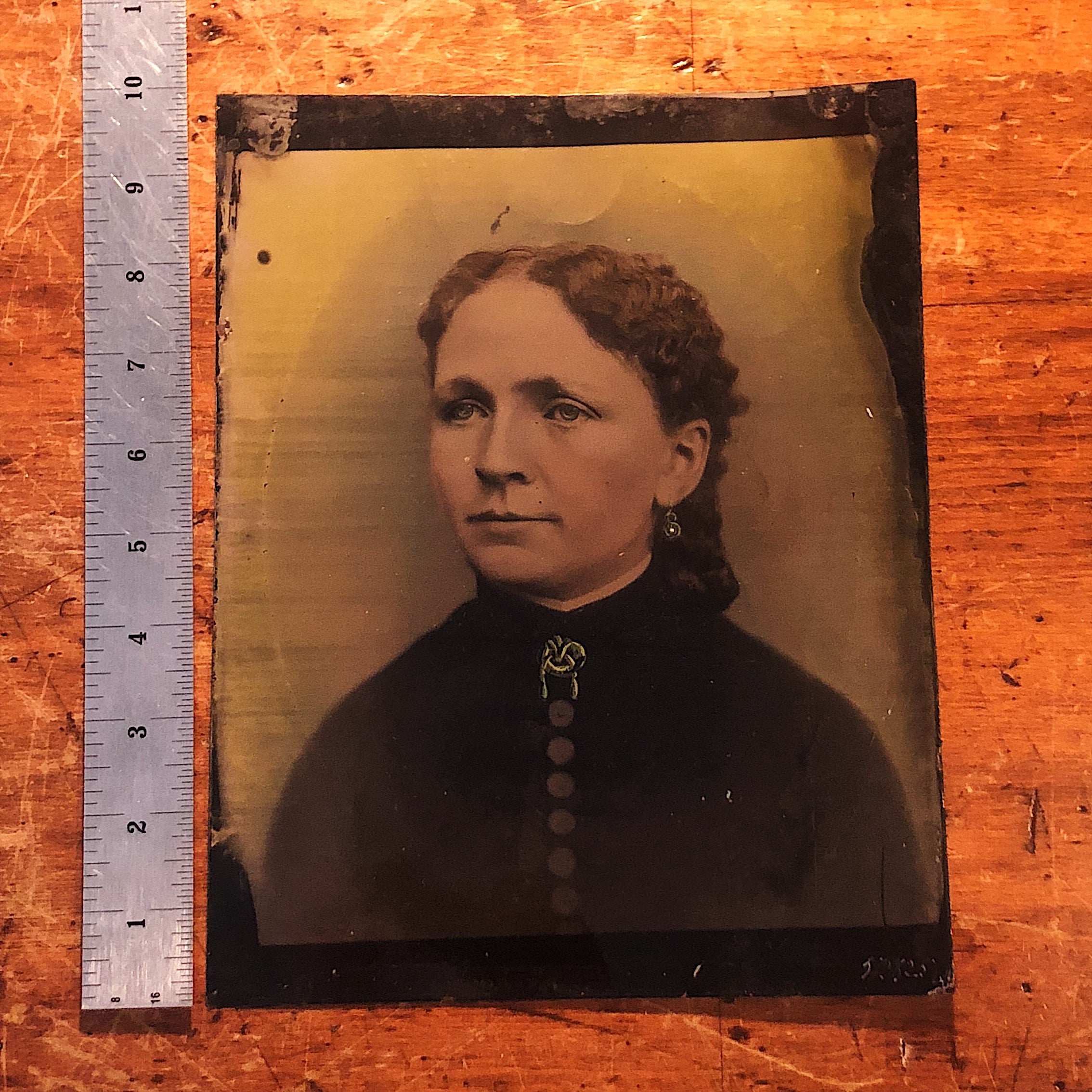 Antique Tintype of Woman with Creepy Hand Painted Accents - 10" x 8" 