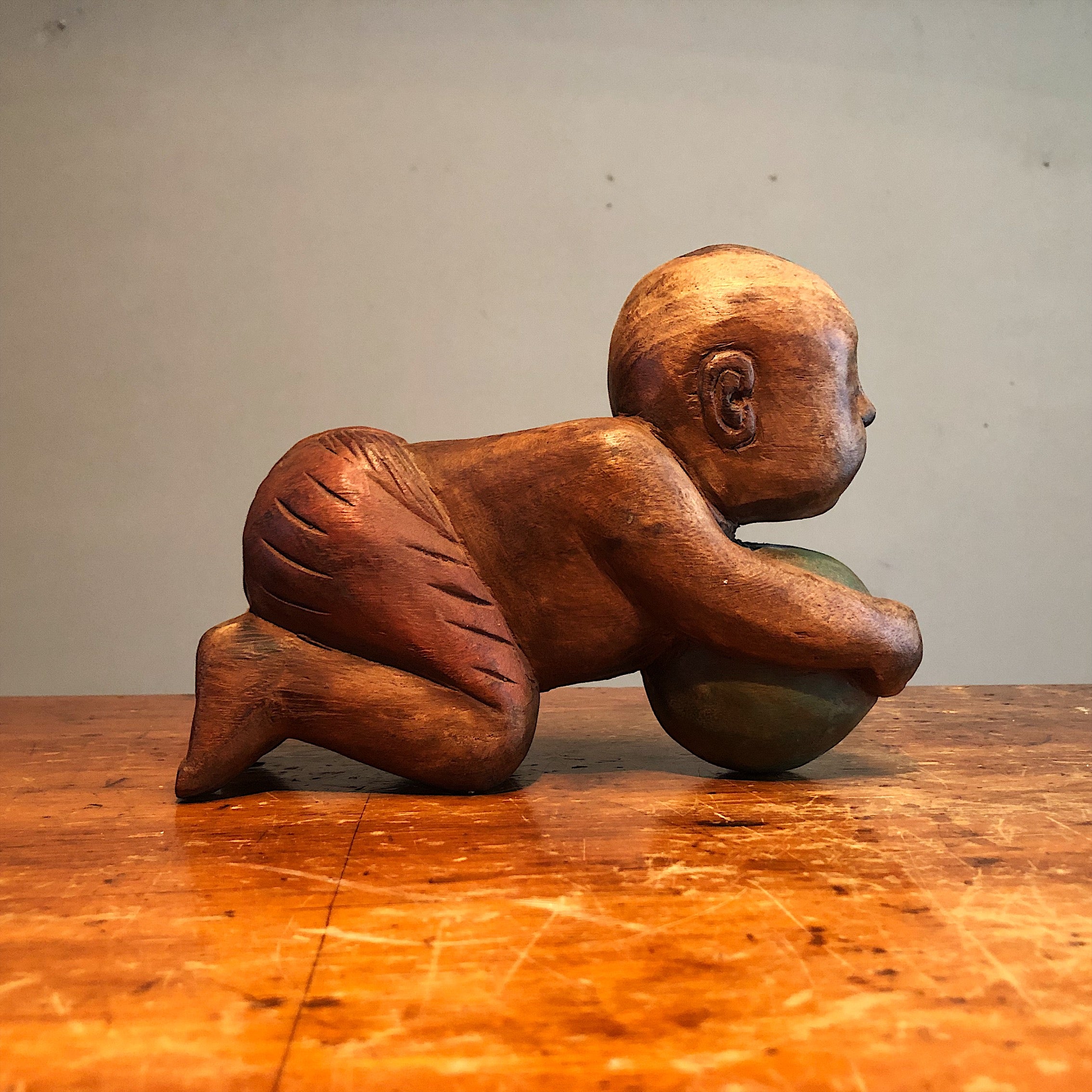 Antique Chinese Opium Pillow of Baby with Ball | Wood Karako