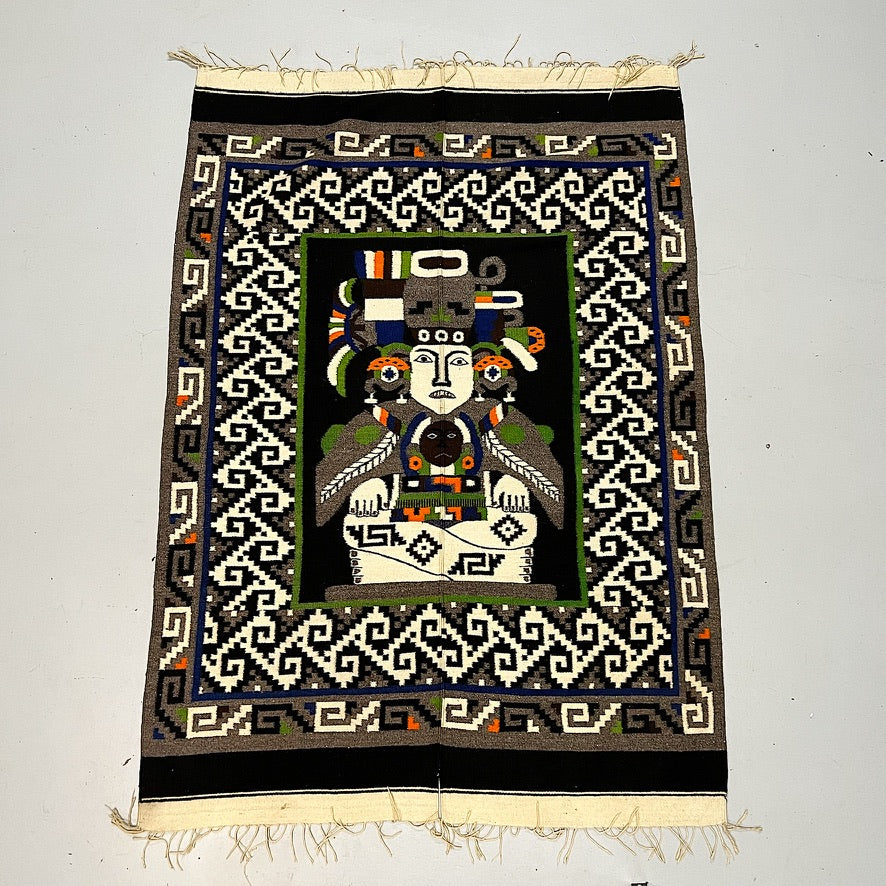 Large Latin American Rug with Mayan Figure and Geometric Design - 1960s - 81 x 57 - Authentic Textile Art - Rare Wall Hanger - Vintage Rare