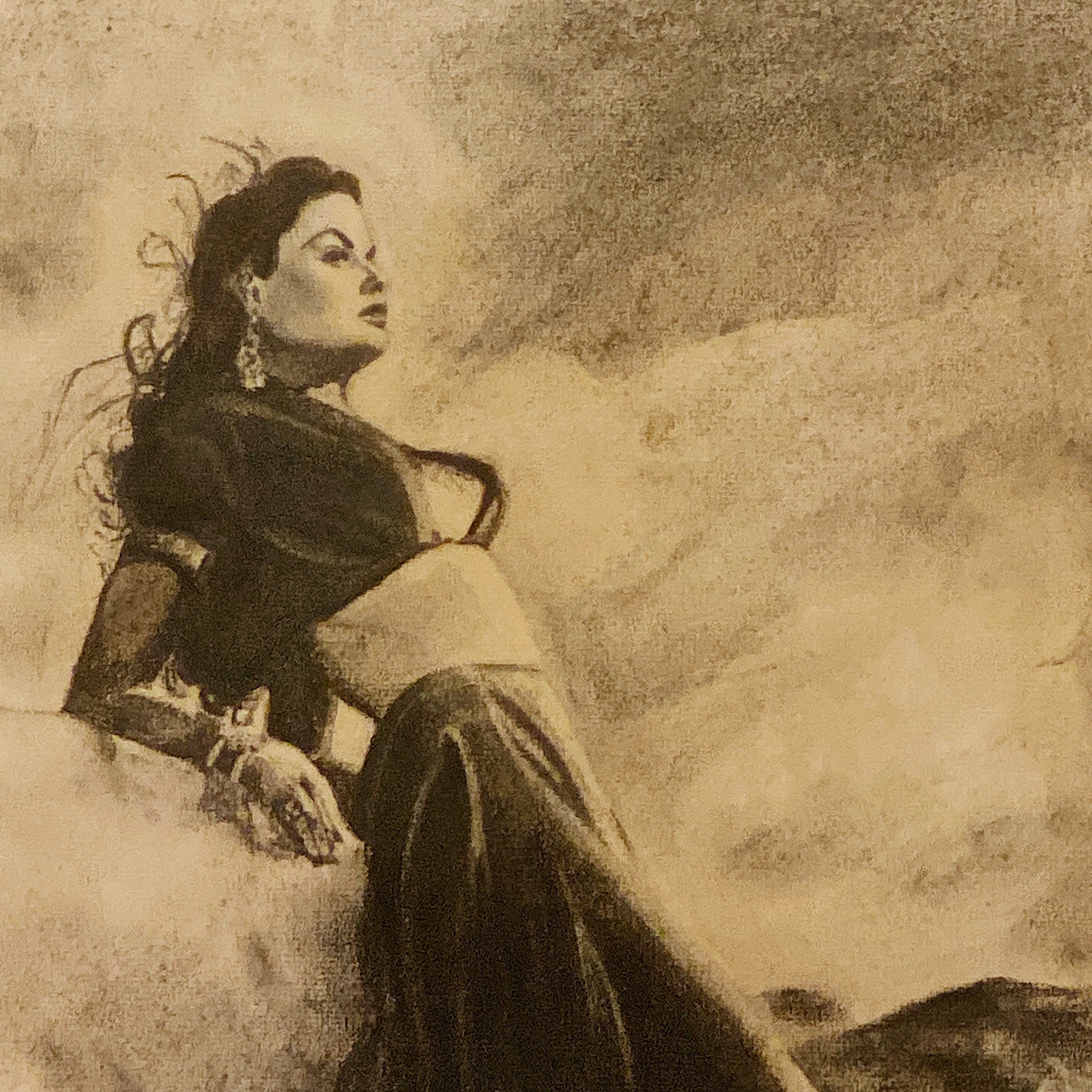 Tony Charmoli Charcoal Drawing of Belly Dancer - 1960s - Vintage Hollywood Artwork - Pin Up Art - Entertainment Artist - Rare Signed Sexy