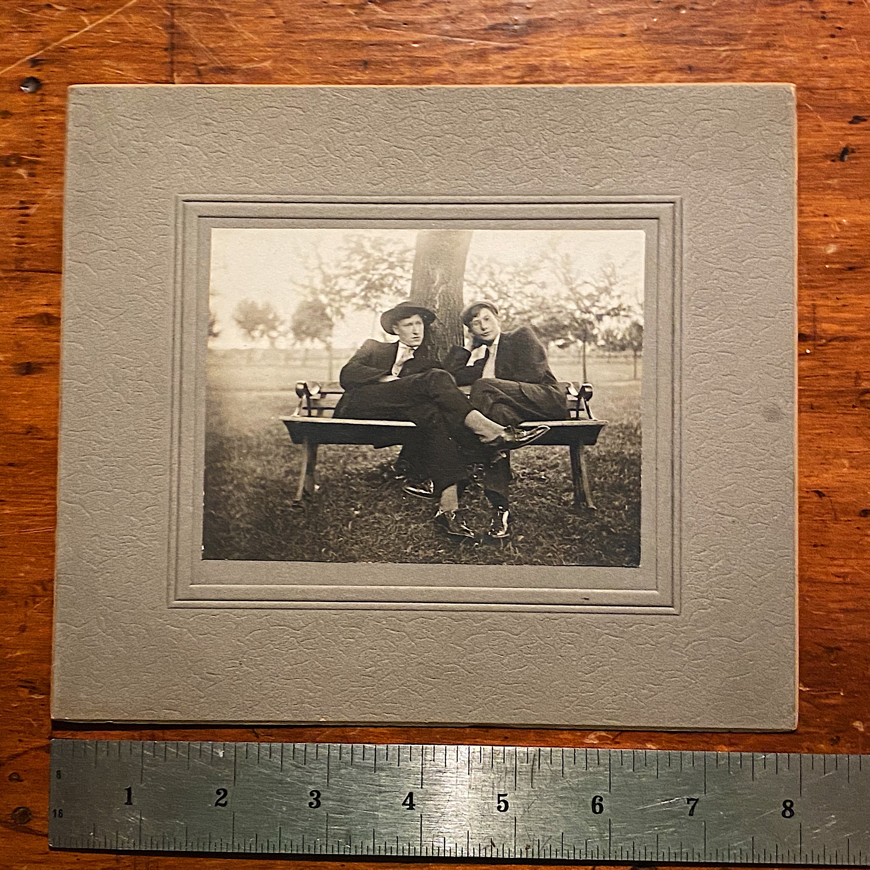Antique Photograph of 2 Gents Lounging on a Bench | Early 1900s