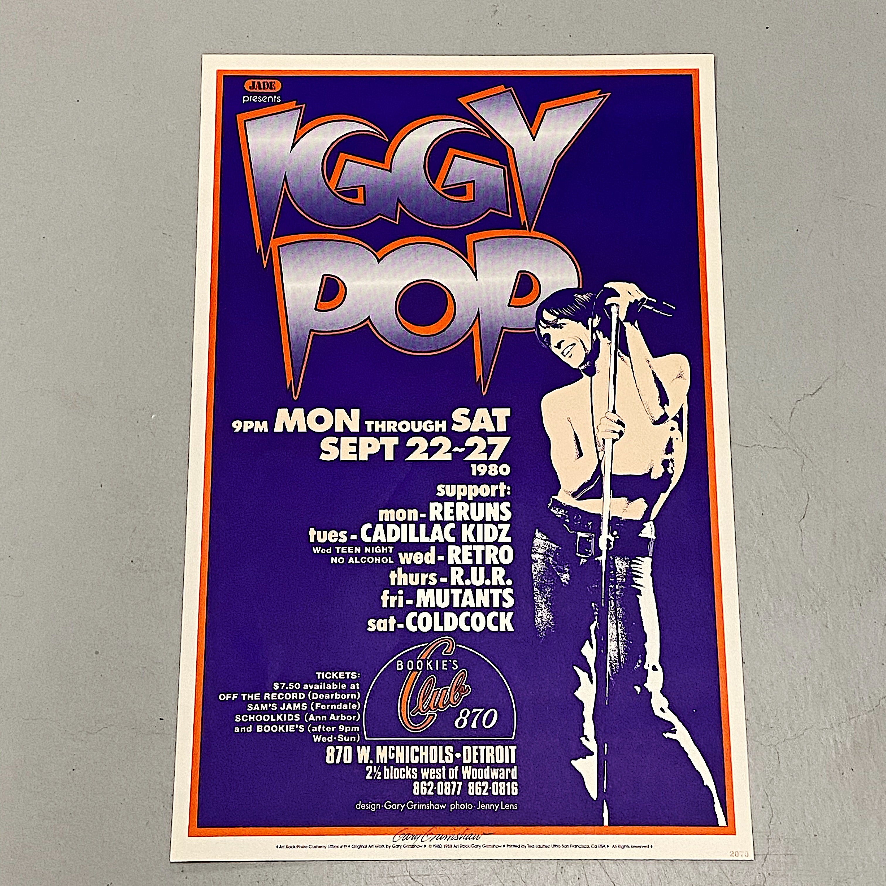 Rare Iggy Pop Concert Poster by Gary Grimshaw - Artist Signed Print 1988 - Bookie's Club Detroit - 28 x 18 - 1980s Rock Posters - Limited Edition
