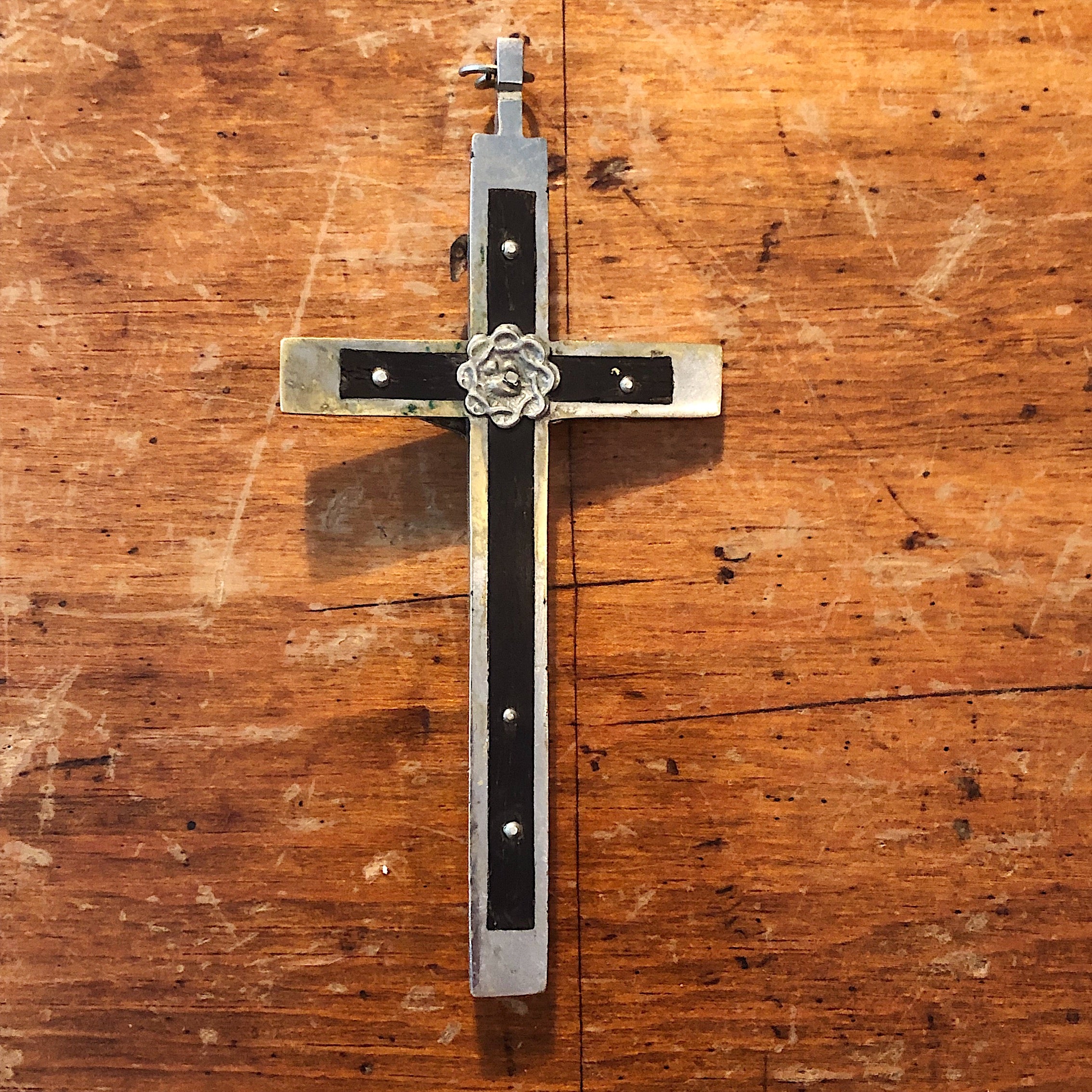 Antique Nickel Crucifix with Skull and Crossbones