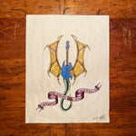 Vintage Tattoo Flash Art of Guitar Dragon - 1992 - Signed Mystery Artist - Original Heavy Metal Artwork - Rock On 