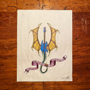 Vintage Tattoo Flash Art of Guitar Dragon - 1992 - Signed Mystery Artist - Original Heavy Metal Artwork - Rock On 