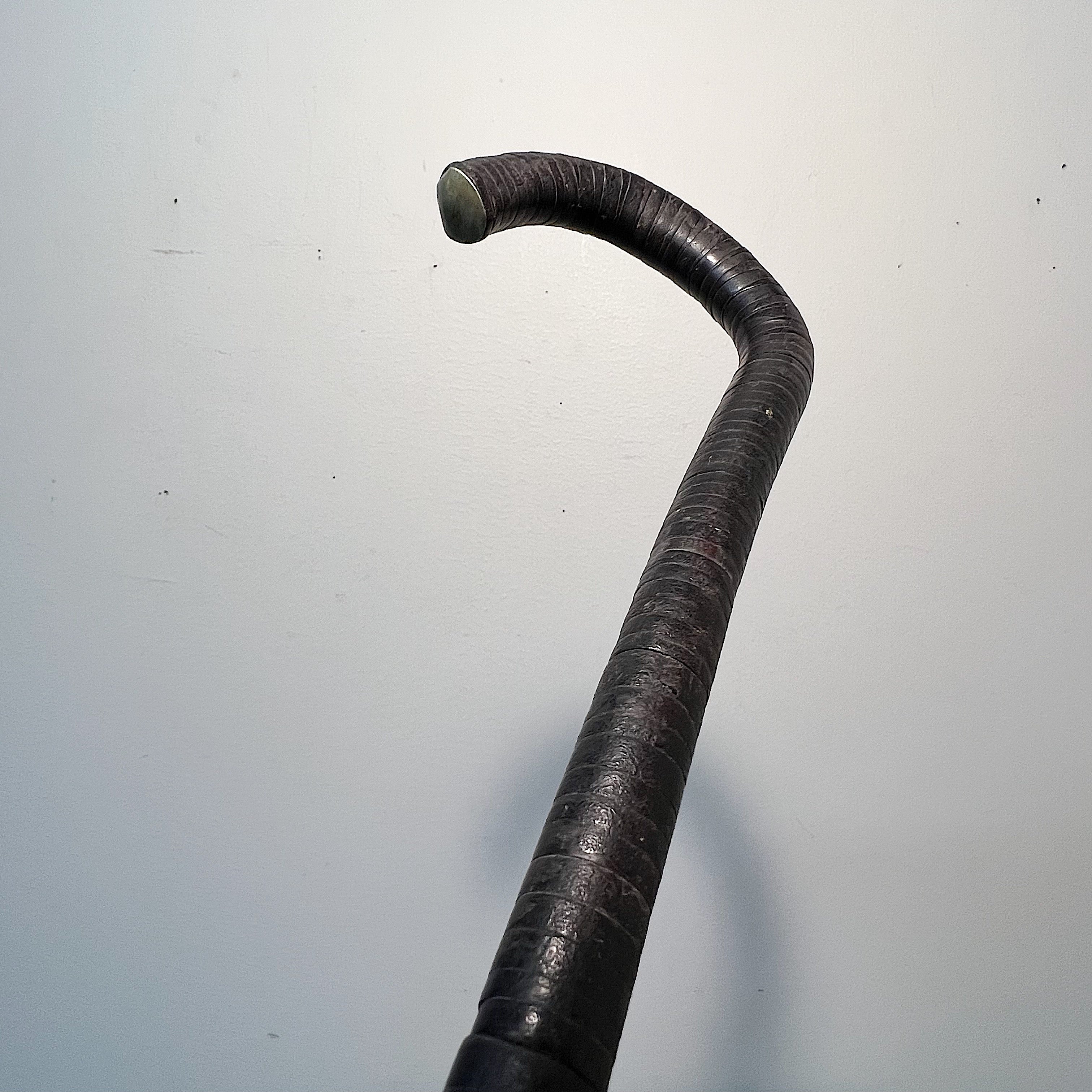 Antique Stacked Black Leather Cane with Silver Thumb Cap
