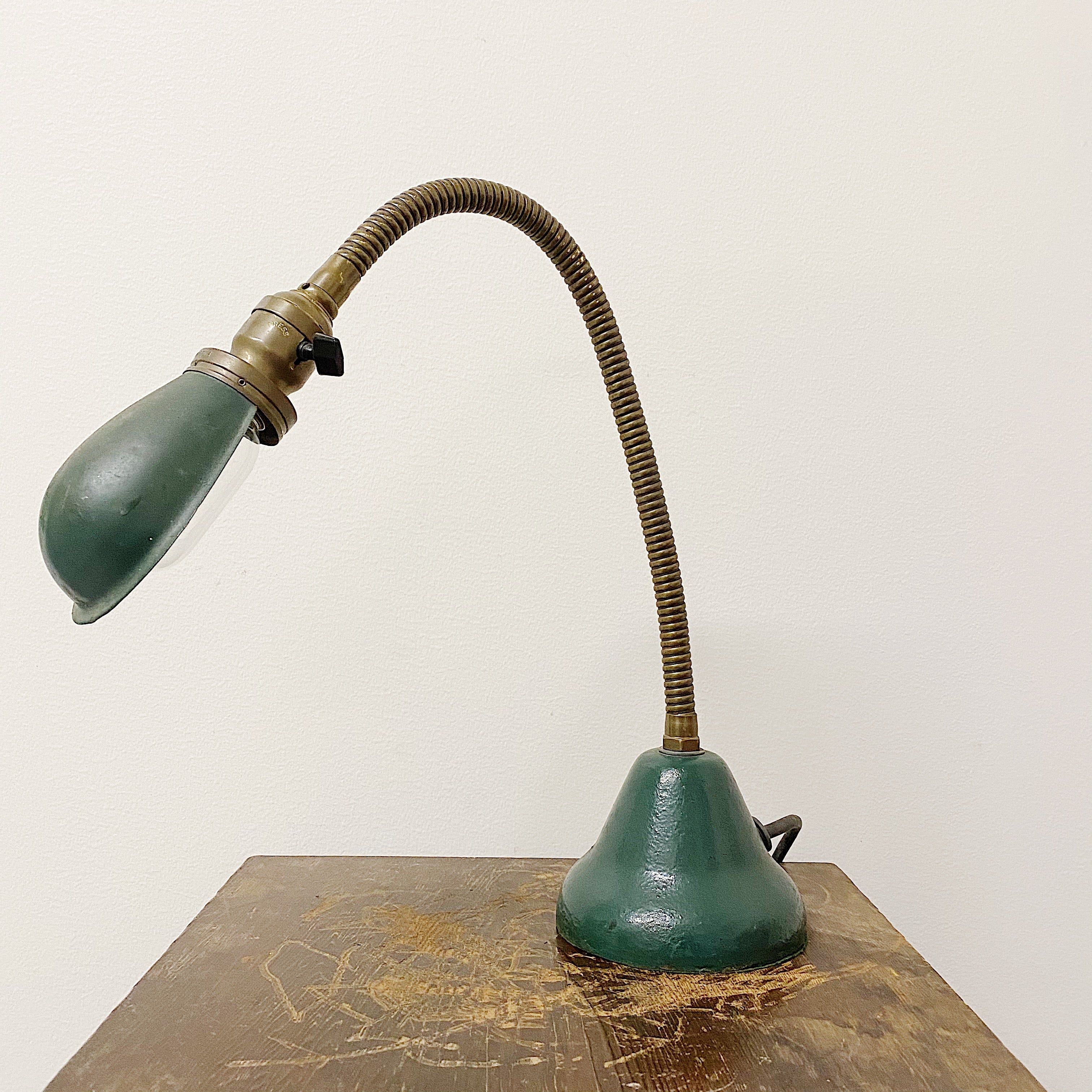 Antique Hubbell Gooseneck Lamp with Rare Metal Base - 1920s Industrial Brass Task Light - Green Machinist Lamps - Large Unusual Table Lights Green