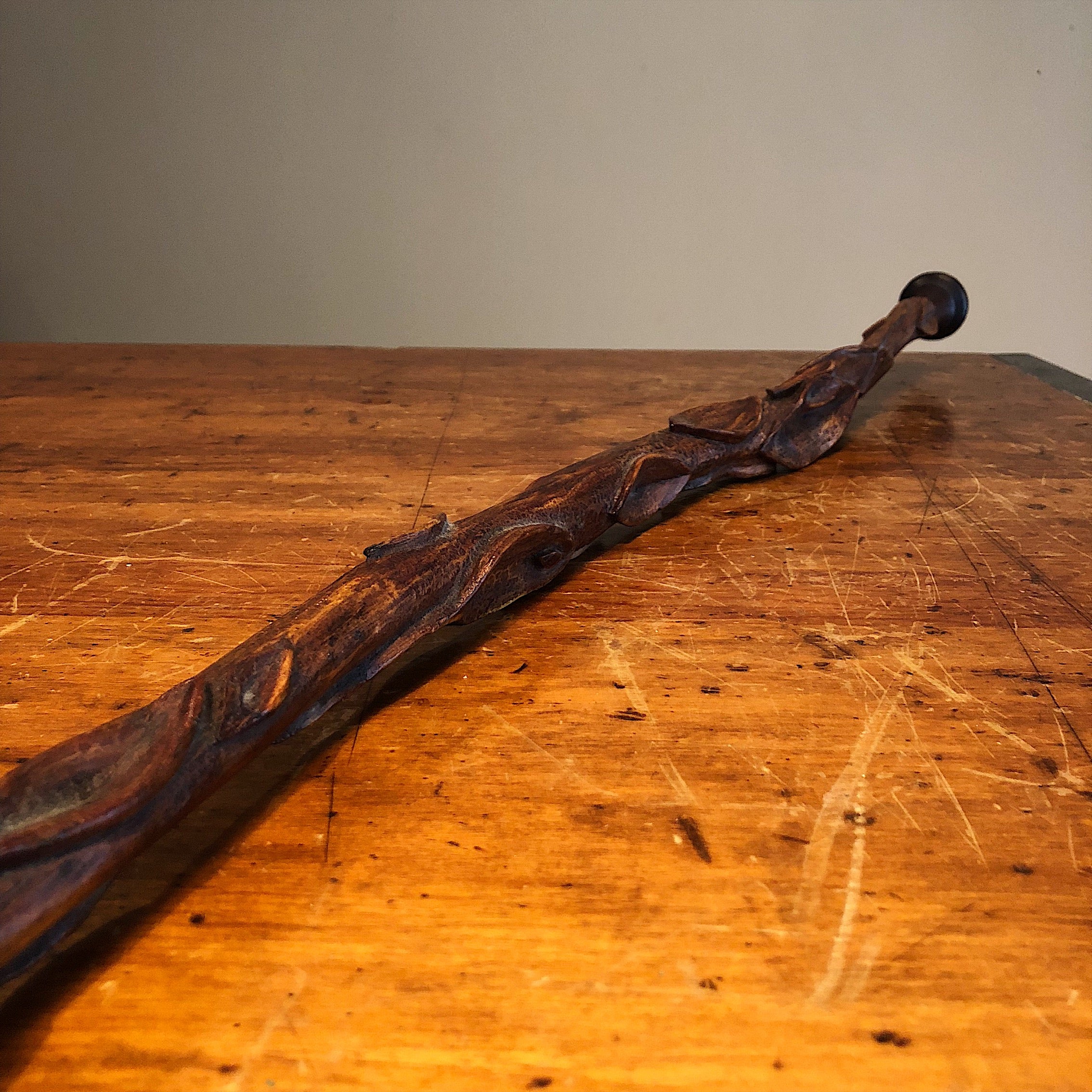 Antique Diamond Willow Walking Stick - Folk Art Cane with Knob Top - Signed C.W.S. - Early 1900s - Bubbled Varnish