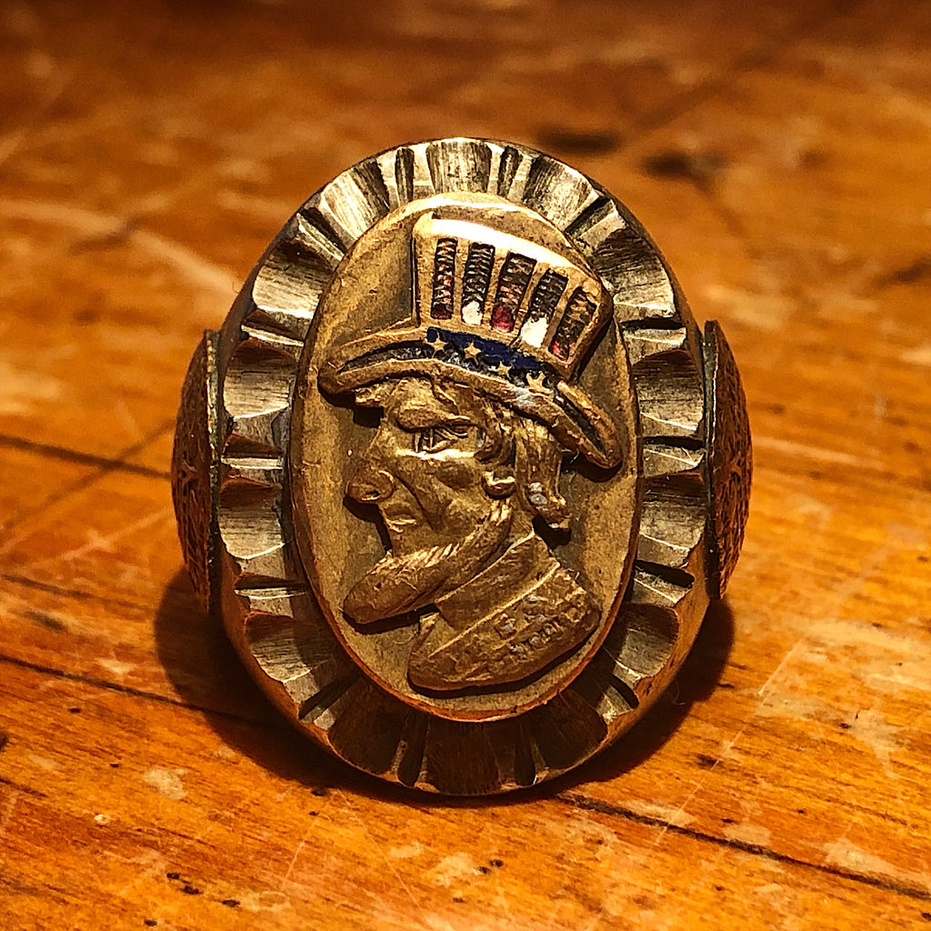 1940s Mexican Biker Ring of Uncle Sam - Rare WW2 Era Motorcycle Gang - Mixed Metals - Size 9 1/4 - Aztec Calendar - Statement Ring 