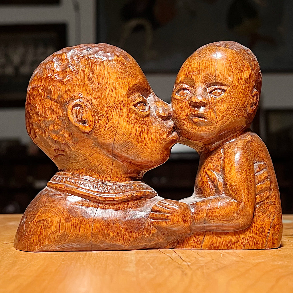 Vintage Folk Art Sculpture of Woman Kissing Baby - Tony Wons Attribution - 1950s Wood Sculptures - African American Art - Rare Artwork