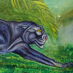 Head of WPA Era Painting of Black Panther in Tropical Scene - 1950s - Signed Vaughn Lee - Vintage Folk Art Wildlife Paintings - Unusual Style